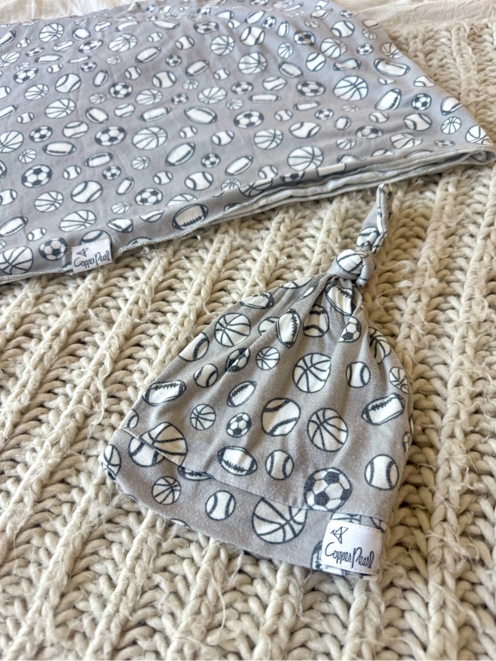 Copper Pearl Blanket Swaddle and Knot Hat - Gray Sports Print